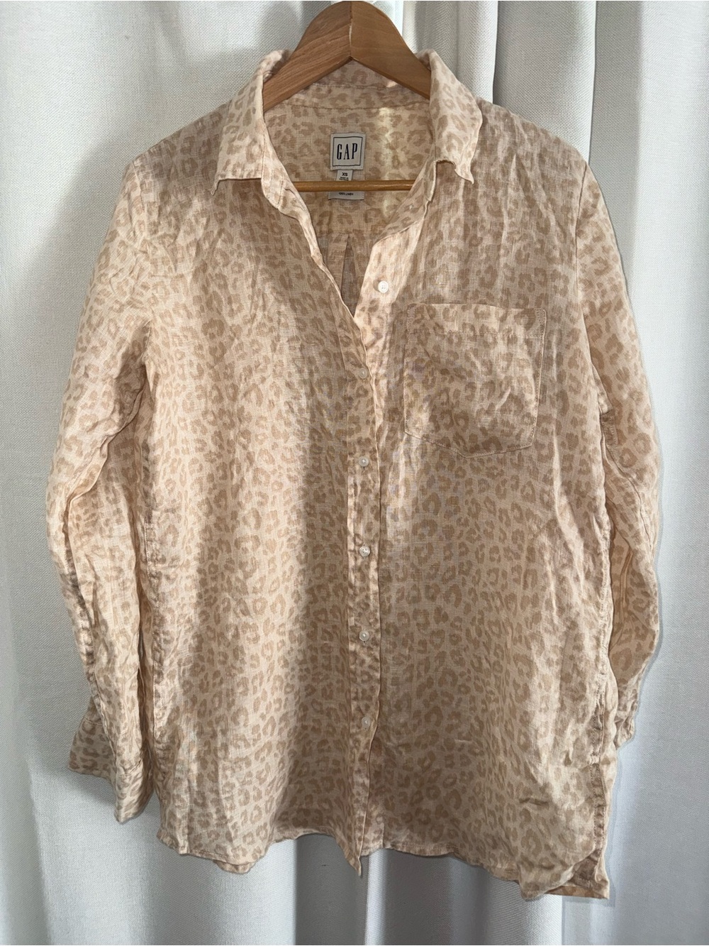 GAP Womens Linen Leopard Tan Button Down Long Sleeve